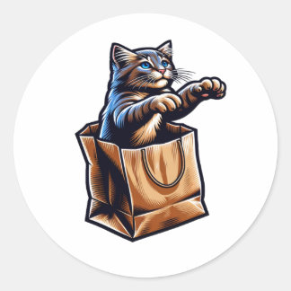 Neugierige Katze in einem Papierbeutel Runder Aufkleber
