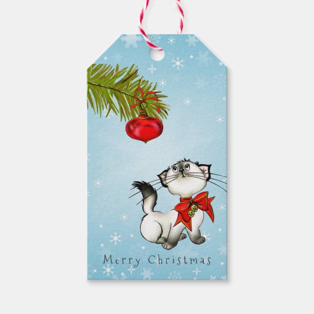 Neugierige Katze in einem roten Weihnachtsjunge Geschenkanhänger (Vorderseite)