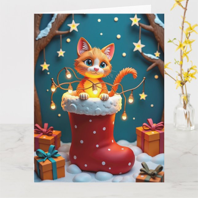 Neugierige Katze in Weihnachten Strumpf Paper Art Karte (Gelbe Blume)