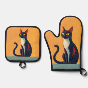 Neugierige Katze Ofenhandschuh & Topflappen-Set