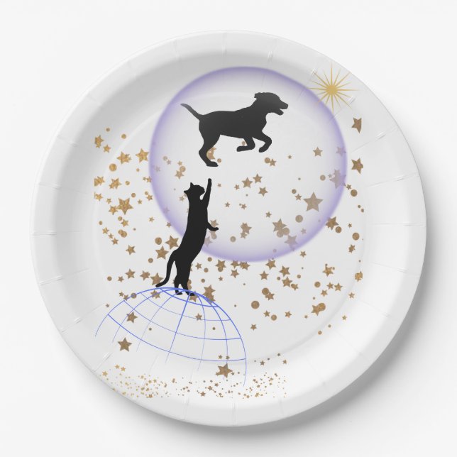 Neugierige Katze und Laufhund Pappteller (Vorderseite)