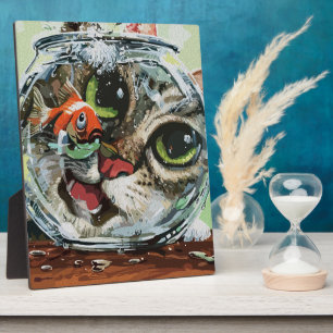 Neugierige Katze und vorsichtiger Goldfish Fotoplatte