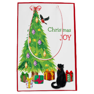 Neugierige Katze, Vogel und Weihnachtsbaum Mittlere Geschenktüte