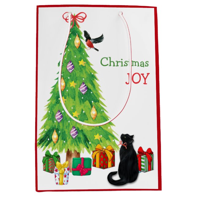 Neugierige Katze, Vogel und Weihnachtsbaum Mittlere Geschenktüte (Vorderseite)