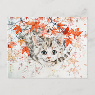 Neugierige Kitten im Herbst Blätter in chinesische Postkarte