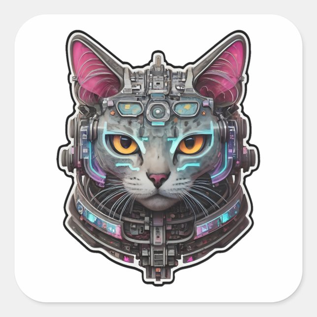 Neugierige Kitty in einem Cyber-Helm Quadratischer Aufkleber (Vorderseite)
