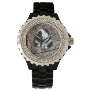 Neugierige Schwarz-Weiß-Katze Armbanduhr