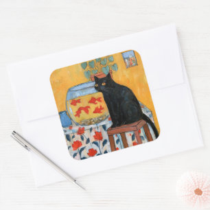 Neugierige schwarze Katze beobachtet Aquarium Quadratischer Aufkleber