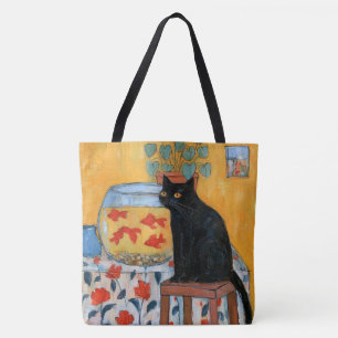 Neugierige schwarze Katze beobachtet Fischglas Tasche