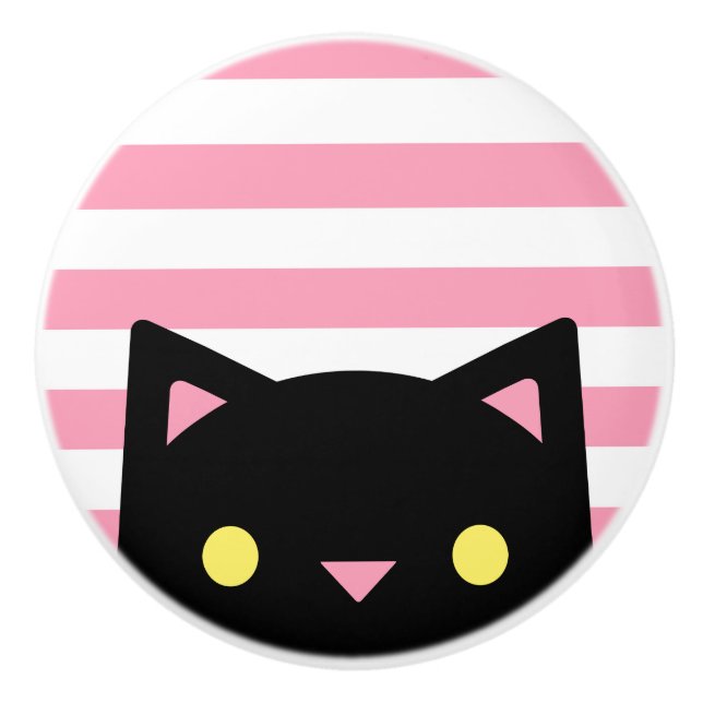 Neugierige schwarze Katze | Stripes rosa | u. Weiß Keramikknauf (Vorderseite)