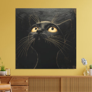 Neugierige Schwarze Katze - Whimsical Leinwanddruck