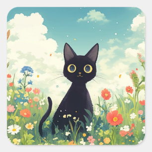 Neugierige schwarze Katze zwischen farbenfrohen Bl Quadratischer Aufkleber