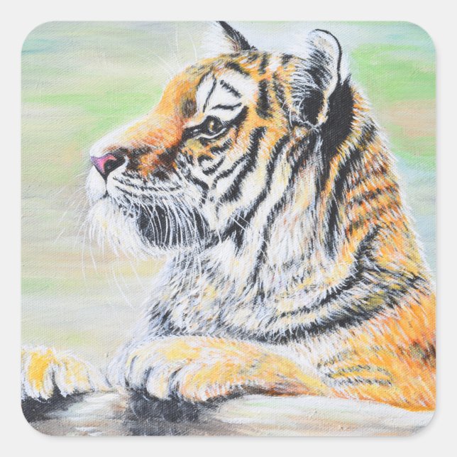 Neugierige Tigermalerei Quadratischer Aufkleber (Vorderseite)
