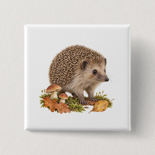 Neugieriger Igel mit Pilzen und Herbstlaub Button