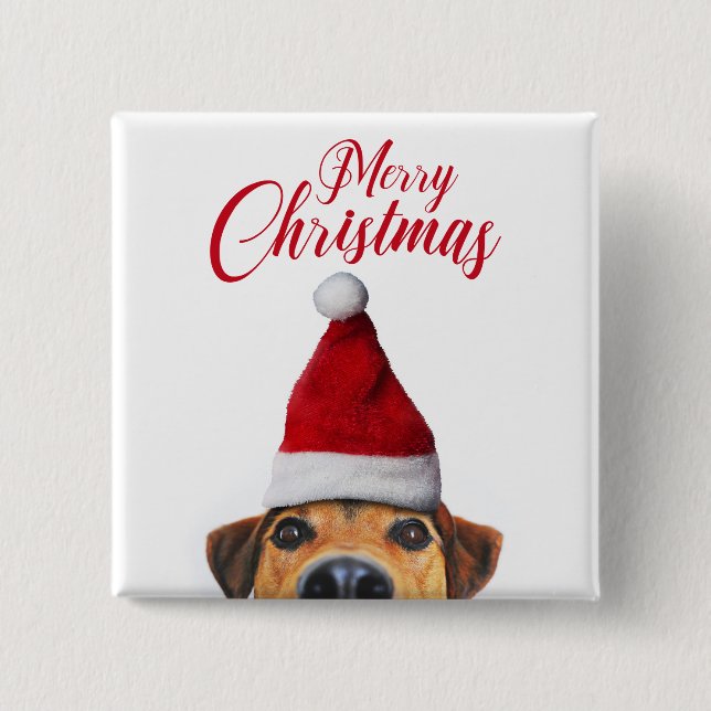 Neugieriger Niedlicher Hund mit Weihnachtsmannmütz Button (Vorderseite)