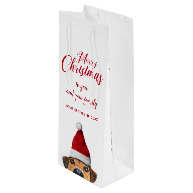 Neugieriger Niedlicher Hund mit Weihnachtsmannmütz Geschenktüte Für Weinflaschen (Vorderseite Schrägansicht)