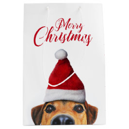 Neugieriger Niedlicher Hund mit Weihnachtsmannmütz Mittlere Geschenktüte