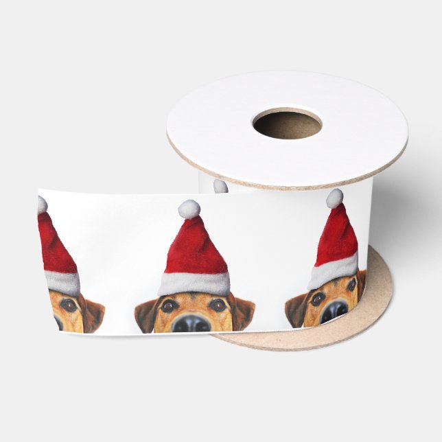 Neugieriger Niedlicher Hund mit Weihnachtsmannmütz Satinband (Spule)