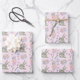 Neugieriger Osterhase Pastell-Lavendelblumen Geschenkpapier Set