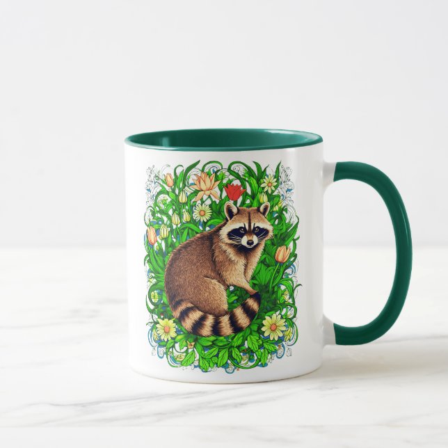 Neugieriger Raccoon im farbenfrohen Blumengarten Tasse (Rechts)