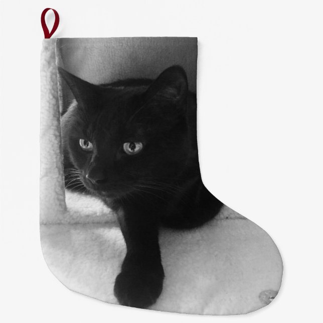 Neugieriger schwarze Katzen-Strumpf Großer Weihnachtsstrumpf (Vorderseite)