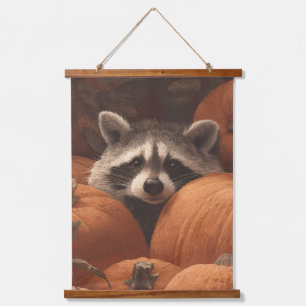 Neugieriger Waschbär-Kürbisfeld-Herbst-Wandkunst Wandteppich Mit Holzrahmen