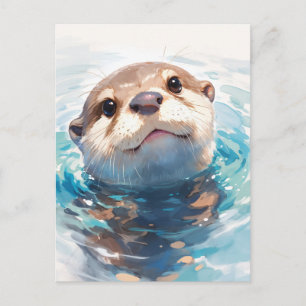 Neugieriger Wasserfarbenotter in blauem Wasser Postkarte