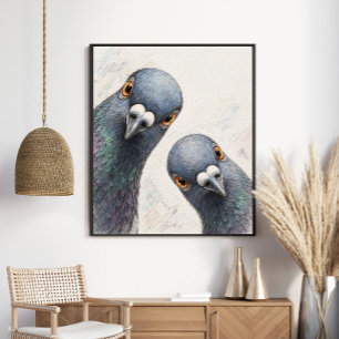 Neugieriges Tauben-Duo Whimsical Graphit-Vogel Poster