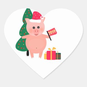 Neujahr 2019 Symbol Spaß Cartoon Schwein Herz-Aufkleber