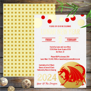 Neujahr 2024 Red Dragon Modern White Gold Folieneinladung