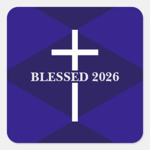 Neujahr 2026 Blau und Weiß Kreuz Christlich Quadratischer Aufkleber