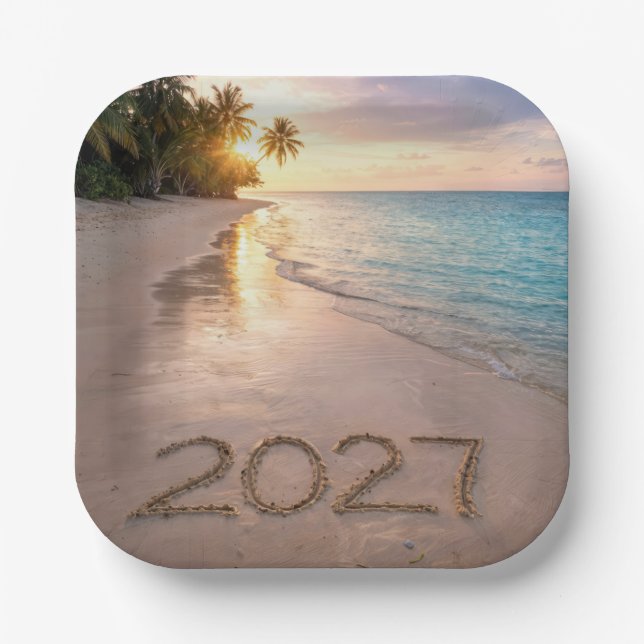 Neujahr 2026 Tropical Beach Pappteller (Vorderseite)