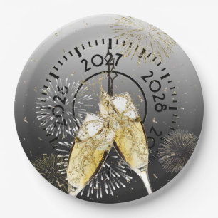 Neujahr 2027 Champagner-Tost und Feuerwerk Pappteller