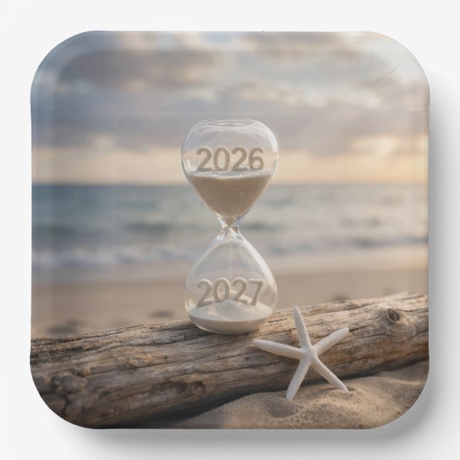 Neujahr 2027 Strand-Stundenglas Pappteller (Vorderseite)