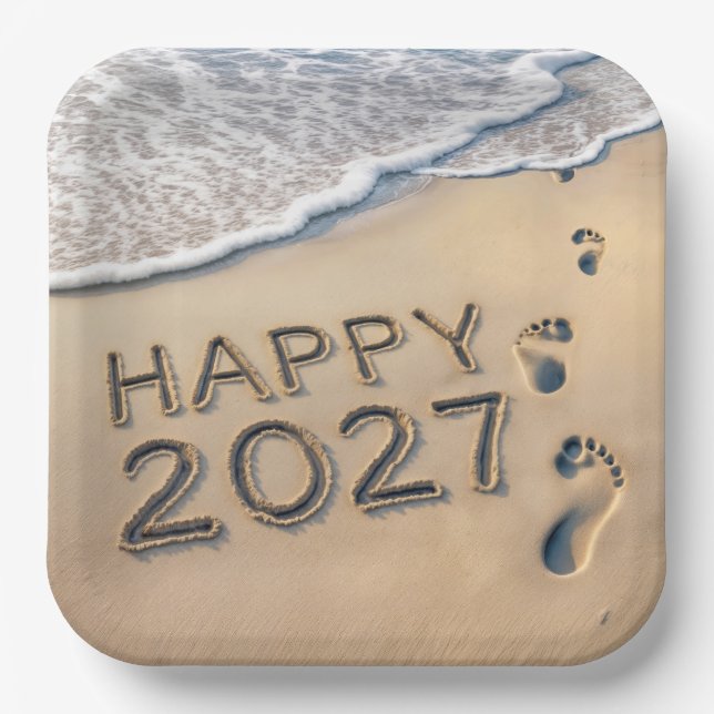 Neujahr 2027 Strandfußspuren Pappteller (Vorderseite)