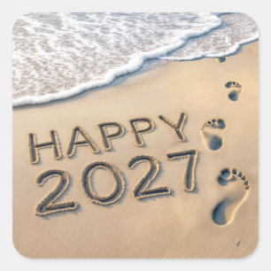 Neujahr 2027 Strandfußspuren Quadratischer Aufkleber