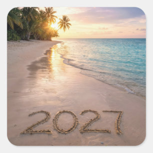 Neujahr 2027 Tropischer Strand Quadratischer Aufkleber