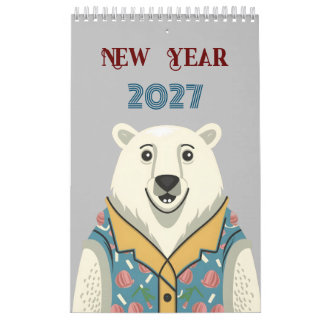 Neujahr 2027 und lustige und glückliche Tiere Kalender