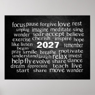 Neujahr 2027 Wortwolke auf schwarzem Felsen Poster