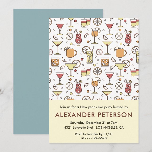 Neujahr: Cocktail Pattern Einladung (Vorne/Hinten)