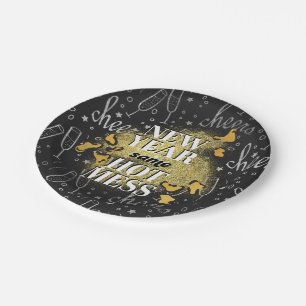 Neujahr dasselbe heiße Mess Black + Gold Glitzer  Pappteller