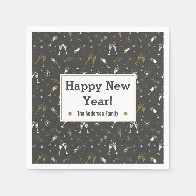 Neujahr Feuerwerke und Champagner schwarz, weiß Serviette (Vorderseite)