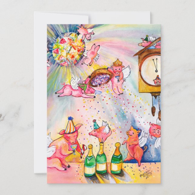 Neujahr Fliegen Schweine Einladung (Vorderseite)