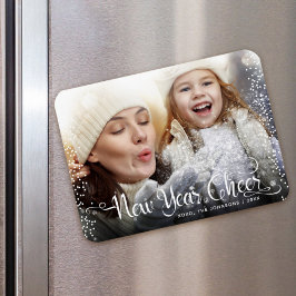 Neujahr Foto Weißes Script Schneeflocken Magnet