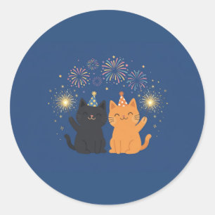 Neujahr Katzen Wunderkerzen Feuerwerk Runder Aufkleber