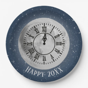 Neujahr Mitternacht Uhr auf dem Mond Pappteller