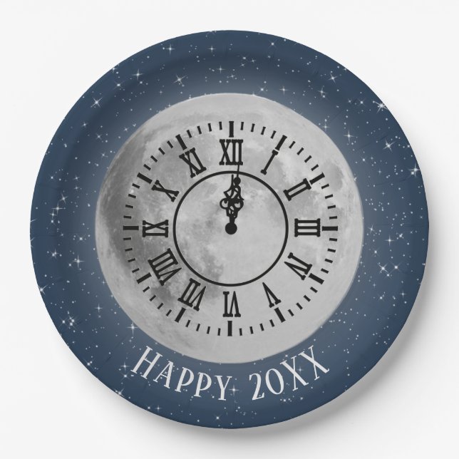 Neujahr Mitternacht Uhr auf dem Mond Pappteller (Vorderseite)