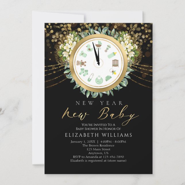 Neujahr Neue Baby Uhr Gold Black Baby Dusche Einladung (Vorderseite)