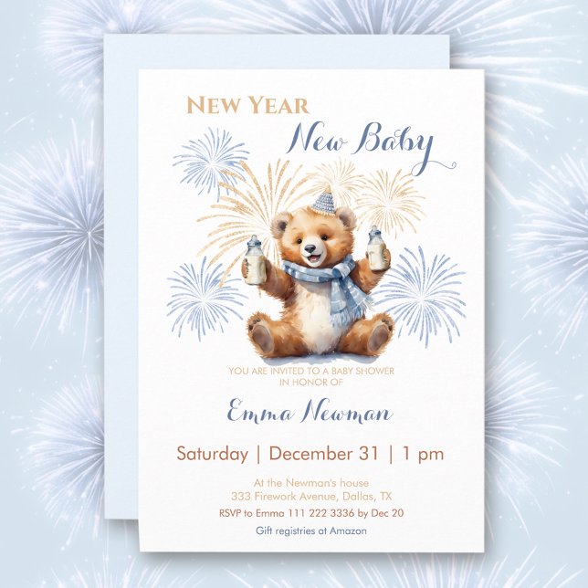 Neujahr Niedlich Bärenjunge Einladung (New Year Cute Bear Boy Baby Shower Invitation)