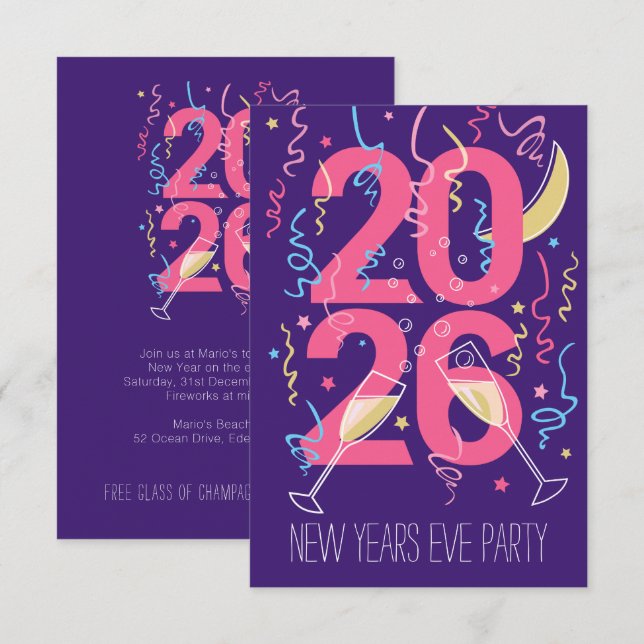 Neujahr Party Champagnerbrille feiern Einladung (Vorne/Hinten)